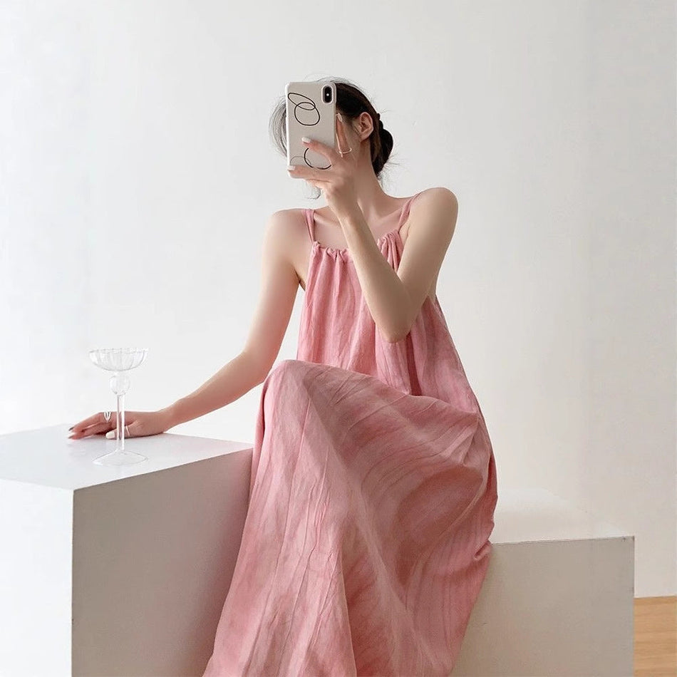 Pink Halter Neck Suspender Long Dress for Women Summer