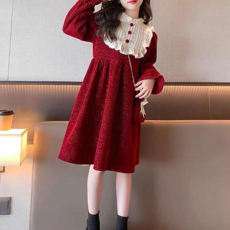 Girls Lace Cake Dress French Round Neck Winter Style