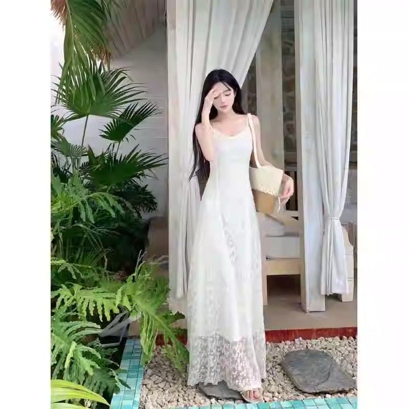 French Embroidered Lace Suspender Long Dress for Women