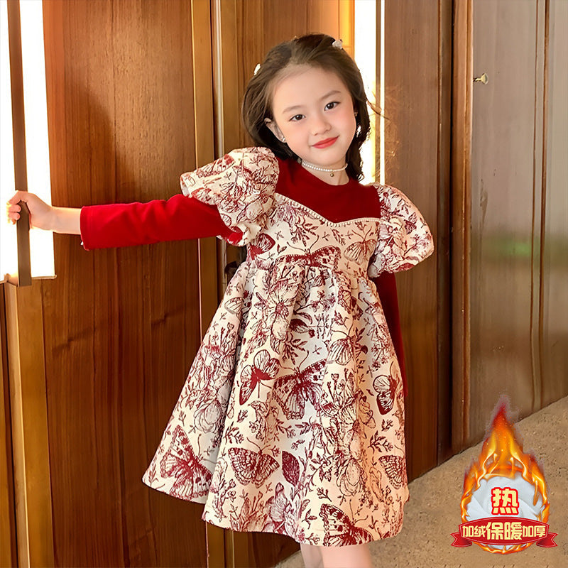 Girls Red Cake Dress New Year Princess Style Autumn