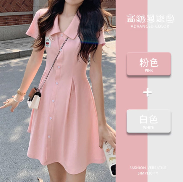 Pink polo collar a-line dress for women summer 2025