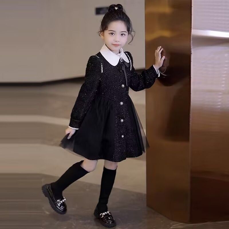 Girls Mesh Puff Sleeve A-Line Dress Autumn Style