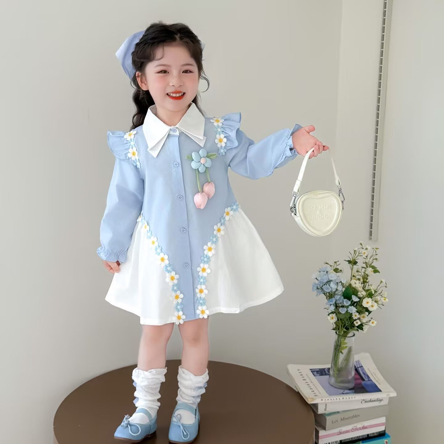 Blue girls mesh princess summer dress with pink sunflower print and puffy skirt