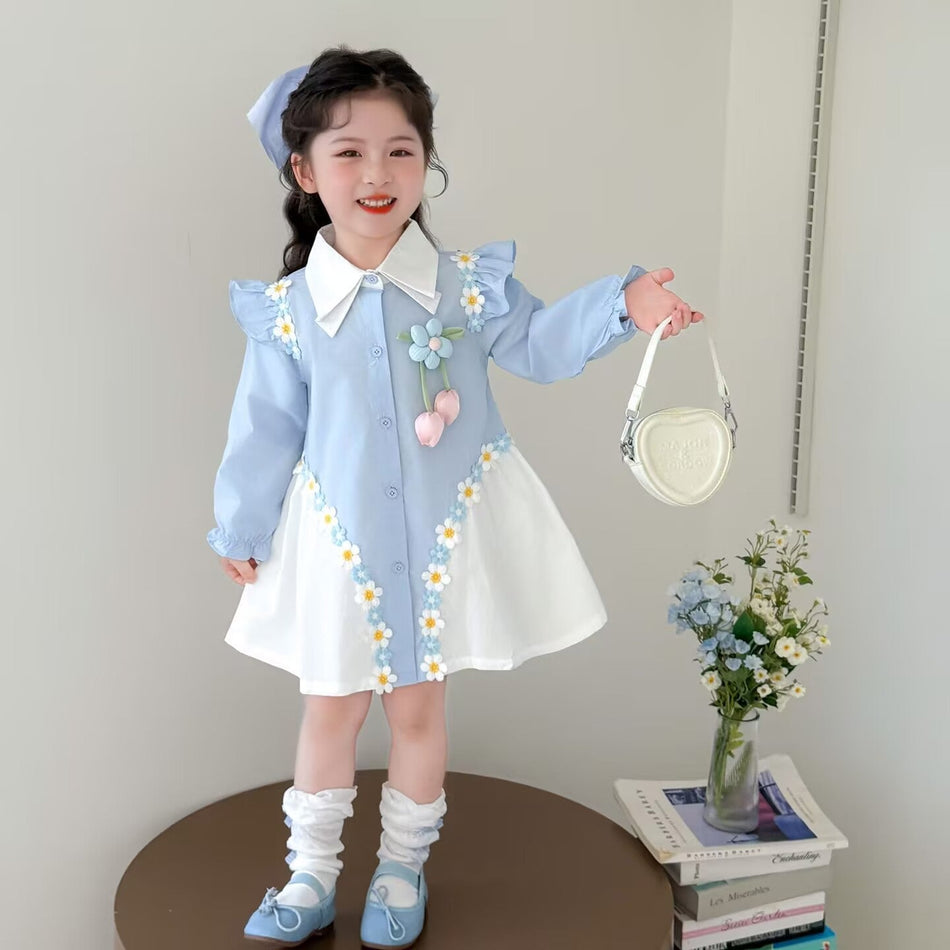 Blue girls mesh princess summer dress with pink sunflower print and puffy skirt