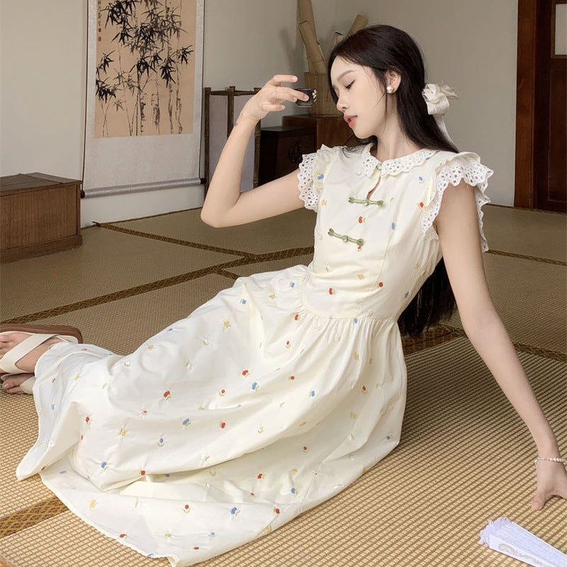 Apricot chinoiserie lace a-line midi dress for women summer