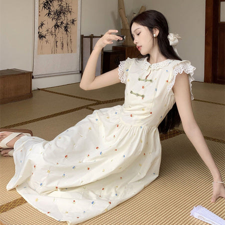 Apricot chinoiserie lace a-line midi dress for women summer