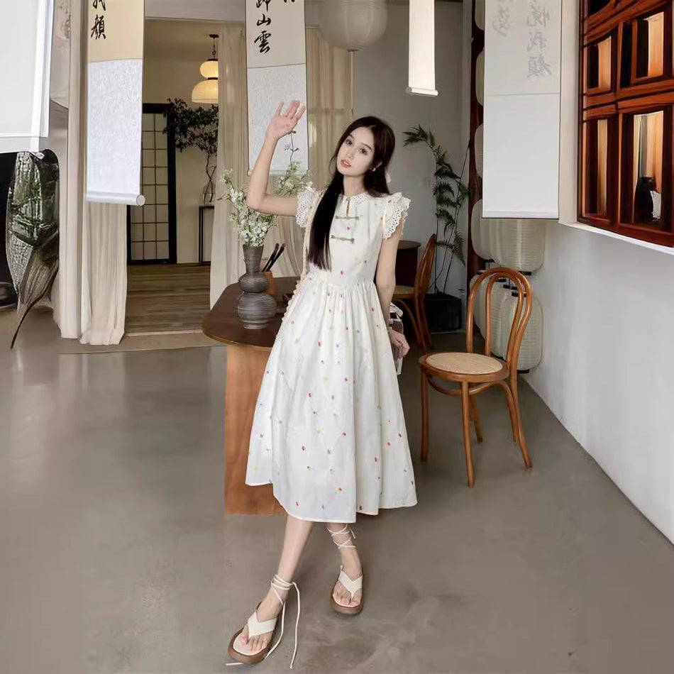 Chinoiserie Lace A-Line Midi Dress for Women Summer
