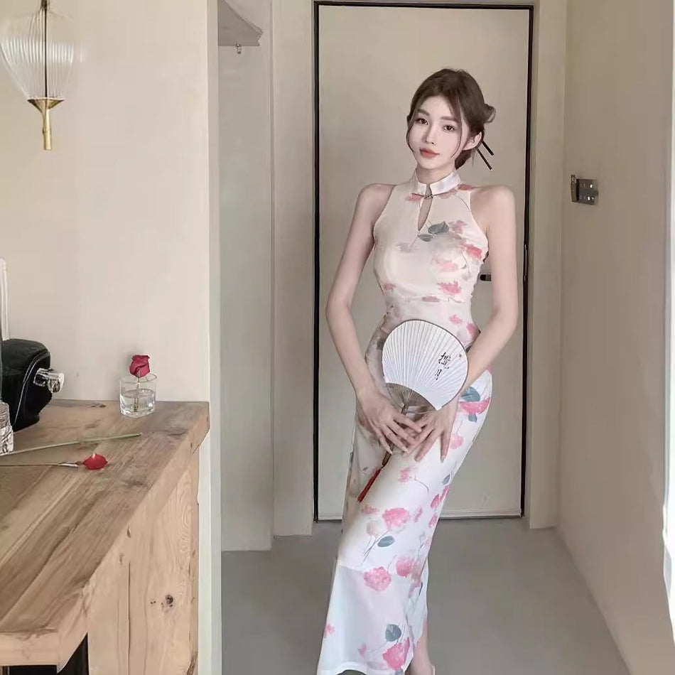 Picture color chinese style mesh cheongsam midi dress for women summer