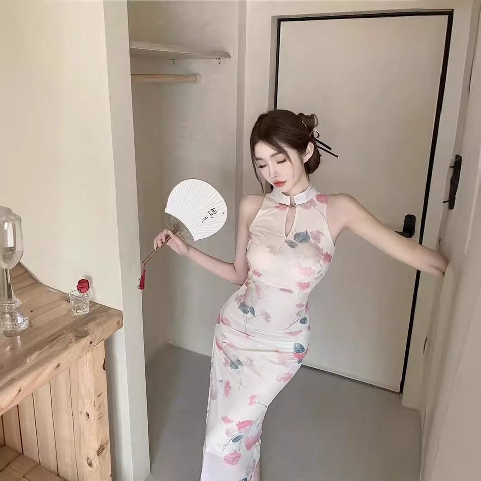 Chinese Style Mesh Cheongsam Midi Dress for Women Summer
