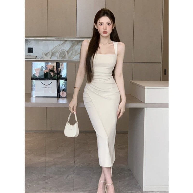 Milky white french square neck slim fit long dress for women summer