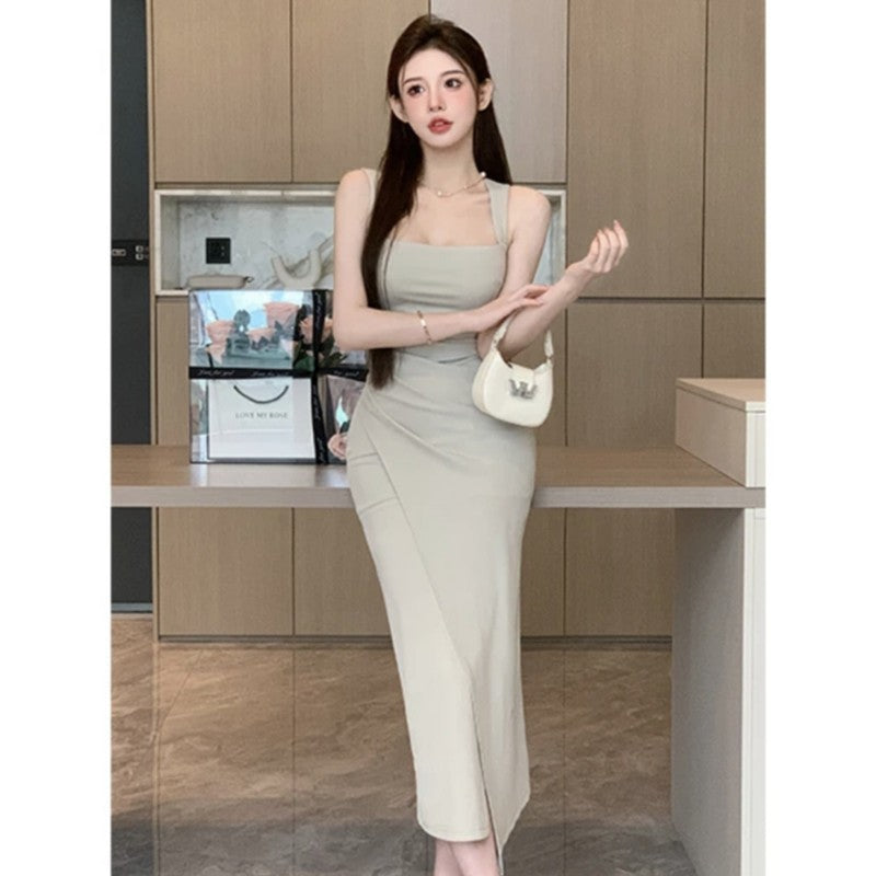 French Square Neck Slim Fit Long Dress for Women Summer