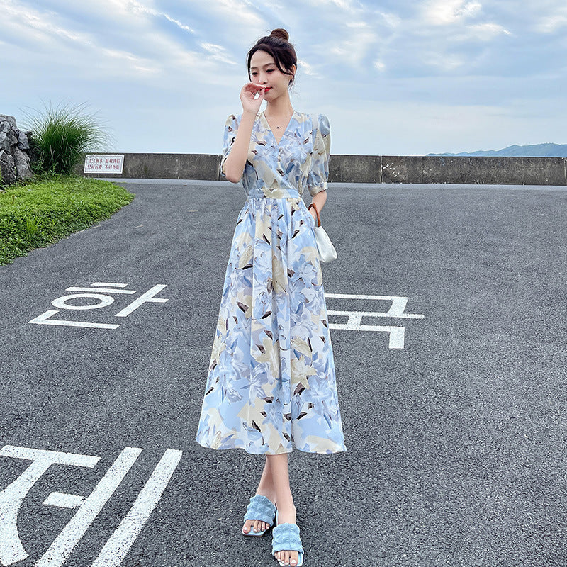 Blue ] korean blue floral v-neck midi dress for women summer