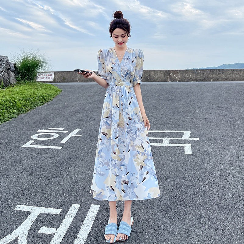Korean Blue Floral V-Neck Midi Dress for Women Summer