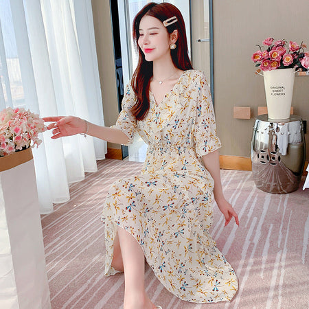 Picture color chiffon tea break floral swing dress for women summer