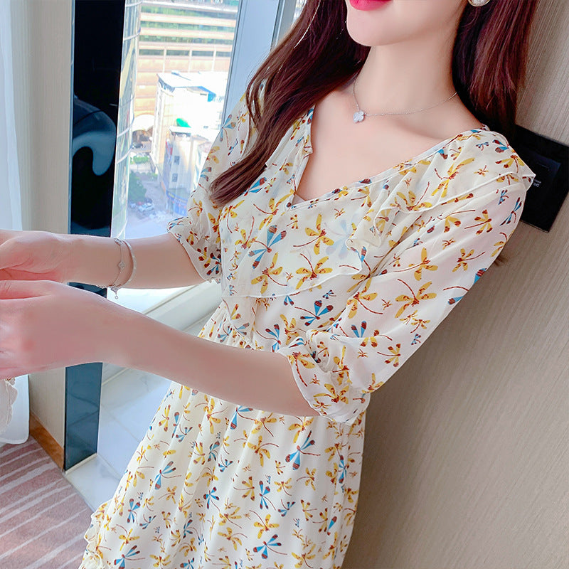 Chiffon Tea Break Floral Swing Dress for Women Summer
