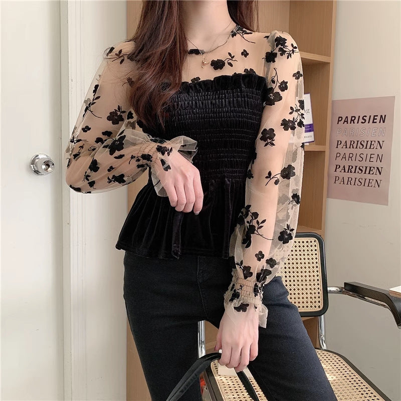 Black french retro lace velvet long sleeve shirt for women 2024
