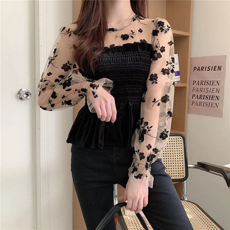 Black french retro lace velvet long sleeve shirt for women 2024