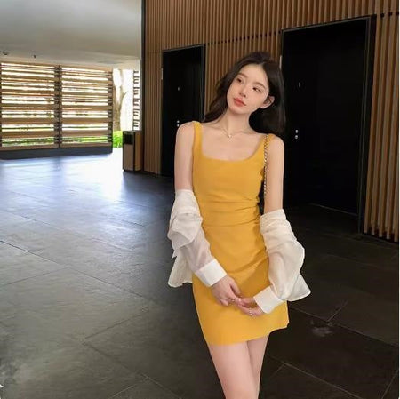 Pink hip skirt pink square neck sheath suspender dress for women summer