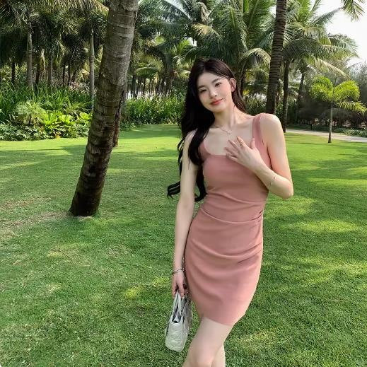 Pink Square Neck Sheath Suspender Dress for Women Summer