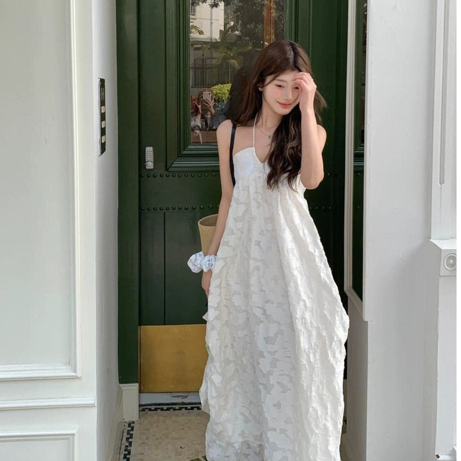 French Halter Backless Ruffled Beach Dress for Women Summer