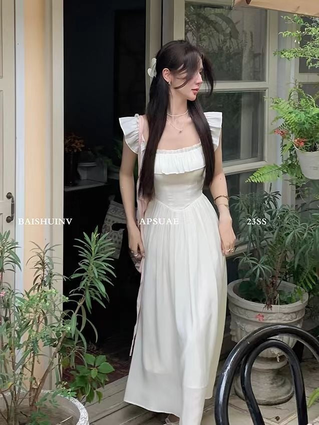 Pink dress french pink flying sleeve waist dress for women summer 2026