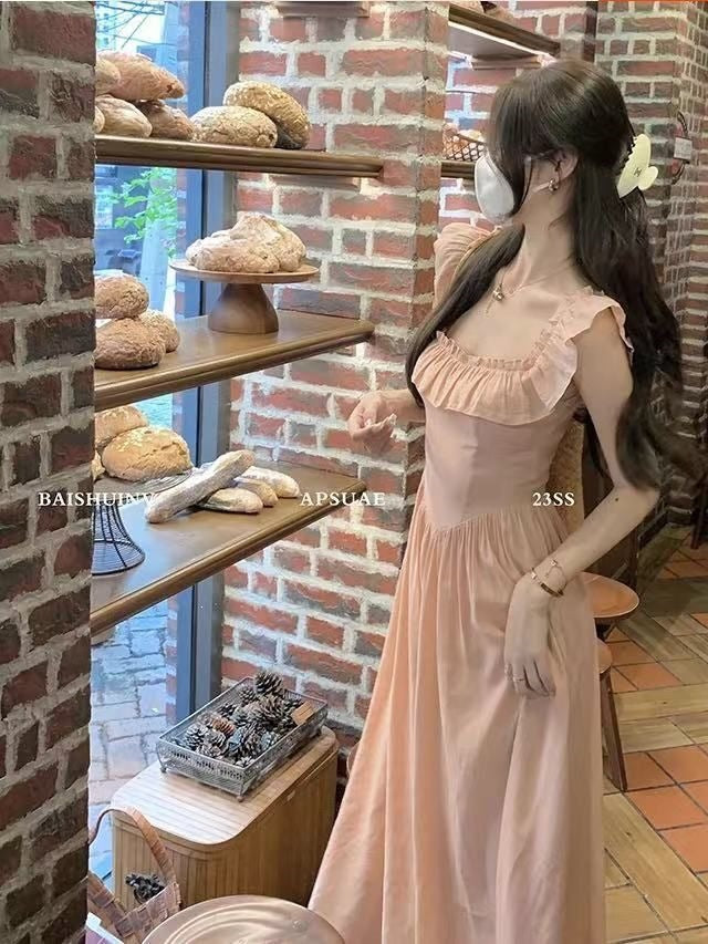 French Pink Flying Sleeve Waist Dress for Women Summer 2026