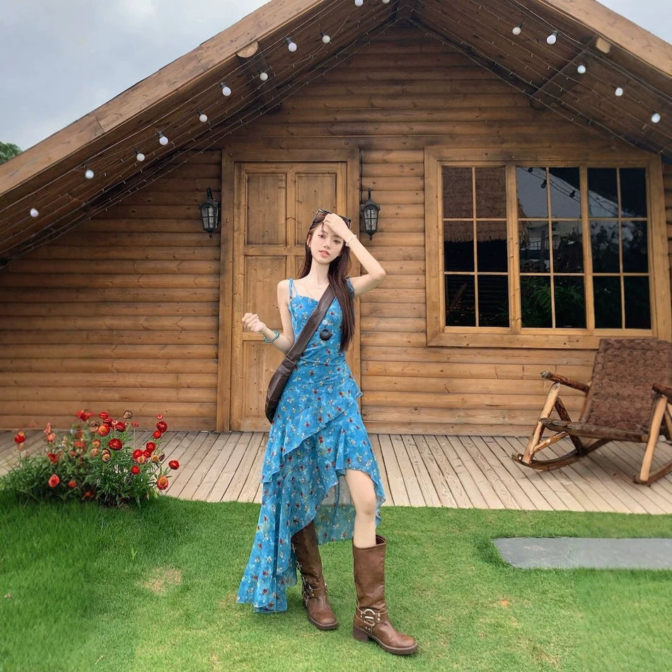 Chiffon Floral Strap Irregular Waist Dress for Women Summer
