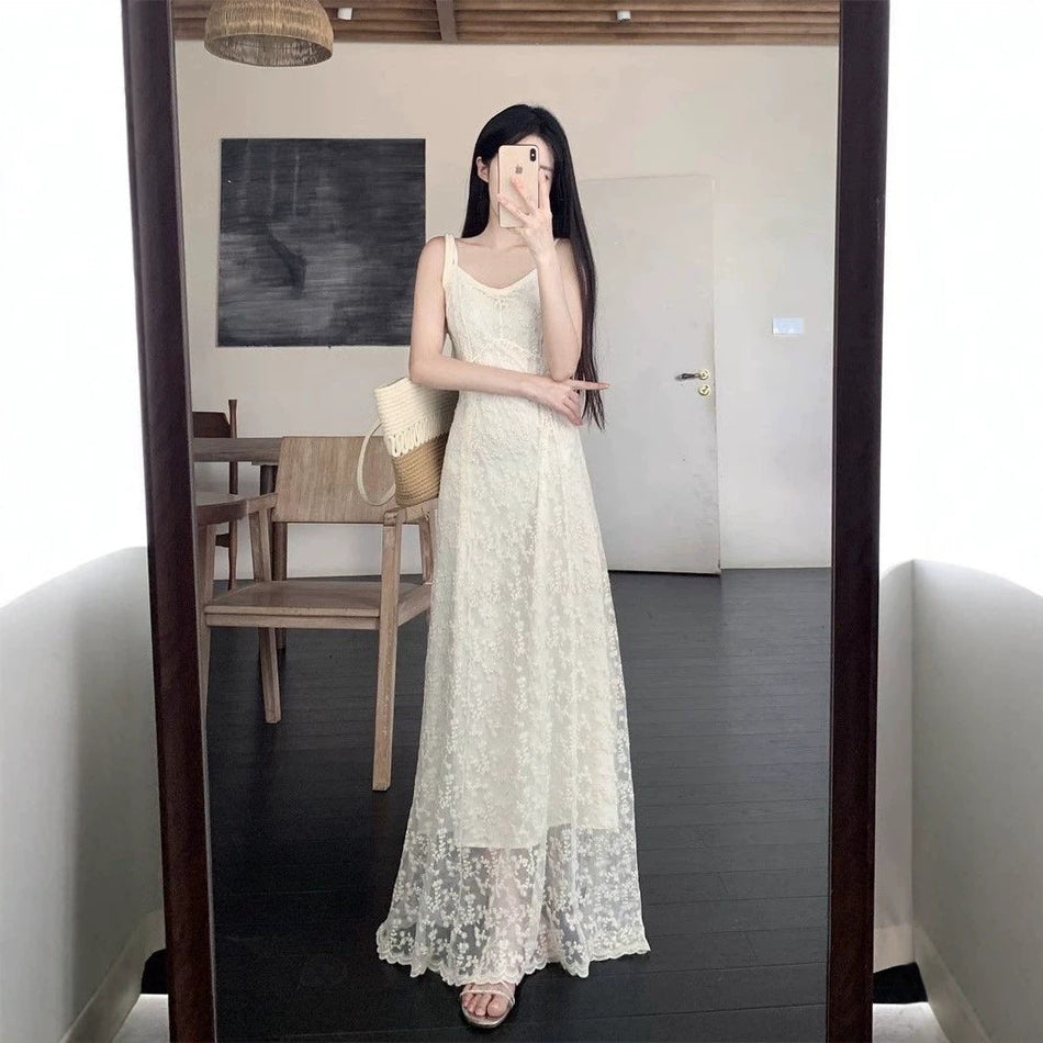 French Lace Strap Beach Dress for Women Summer Vacation