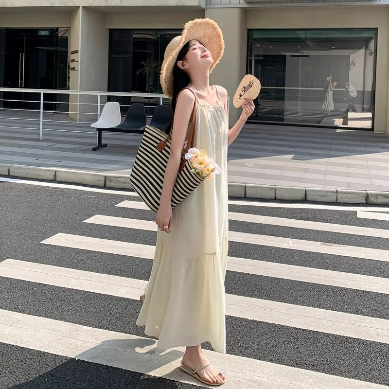 Gentle Apricot Sleeveless Pleated A-Line Dress for Women