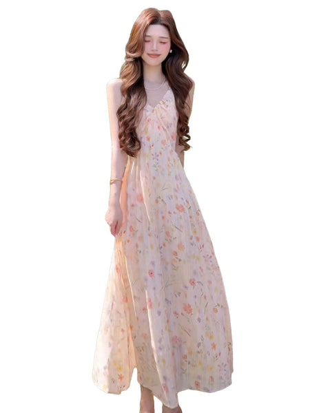 French floral strap long dress for women summer 2026