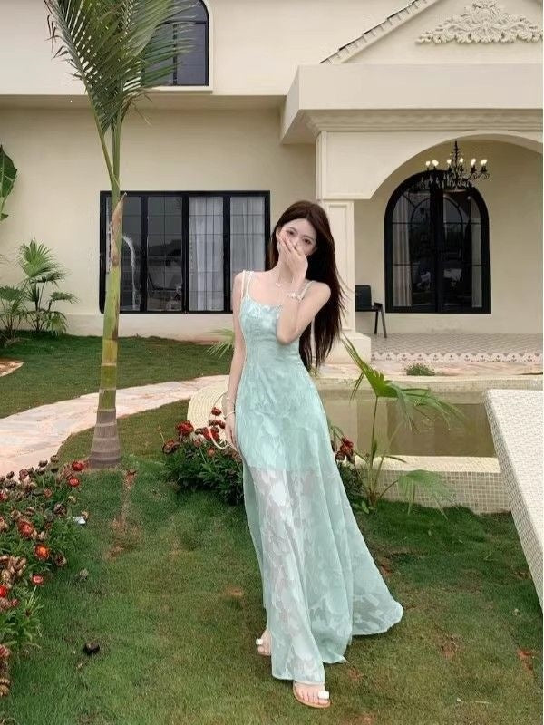 Mint green dress french green strap mesh waist dress for women summer 2026