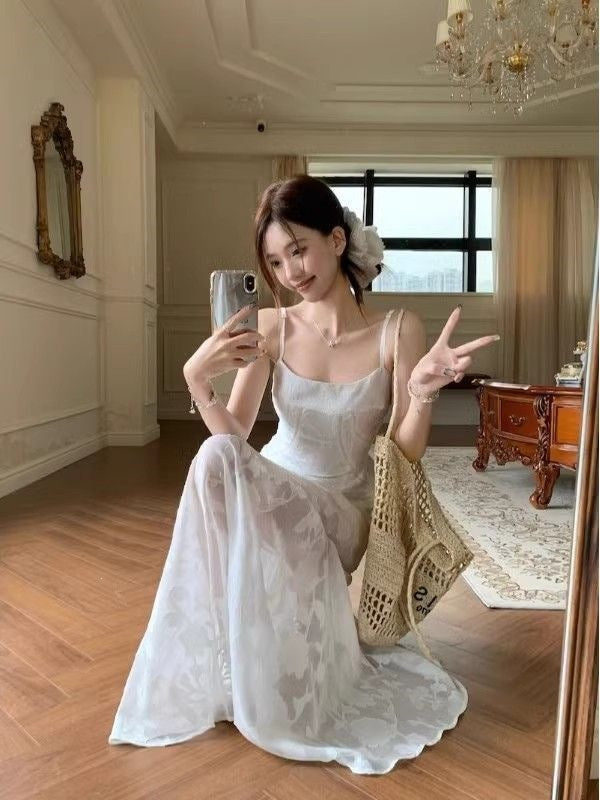 French Green Strap Mesh Waist Dress for Women Summer 2026