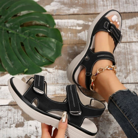 Beige white women’s thick sole velcro sandals casual summer shoes