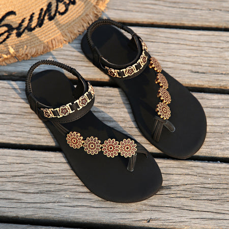 Black women’s flat thong toe roman sandals bohemian summer shoes
