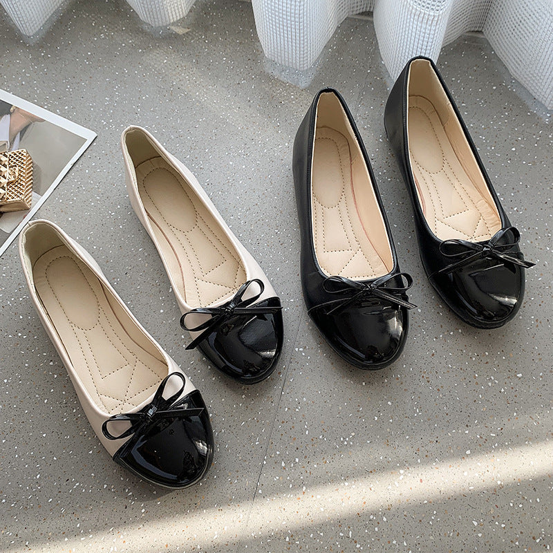 Women’s Bowknot Color Block Flat Shoes Round Toe Casual Leather
