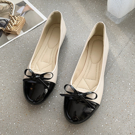 Black women’s bowknot color block flat shoes round toe casual leather