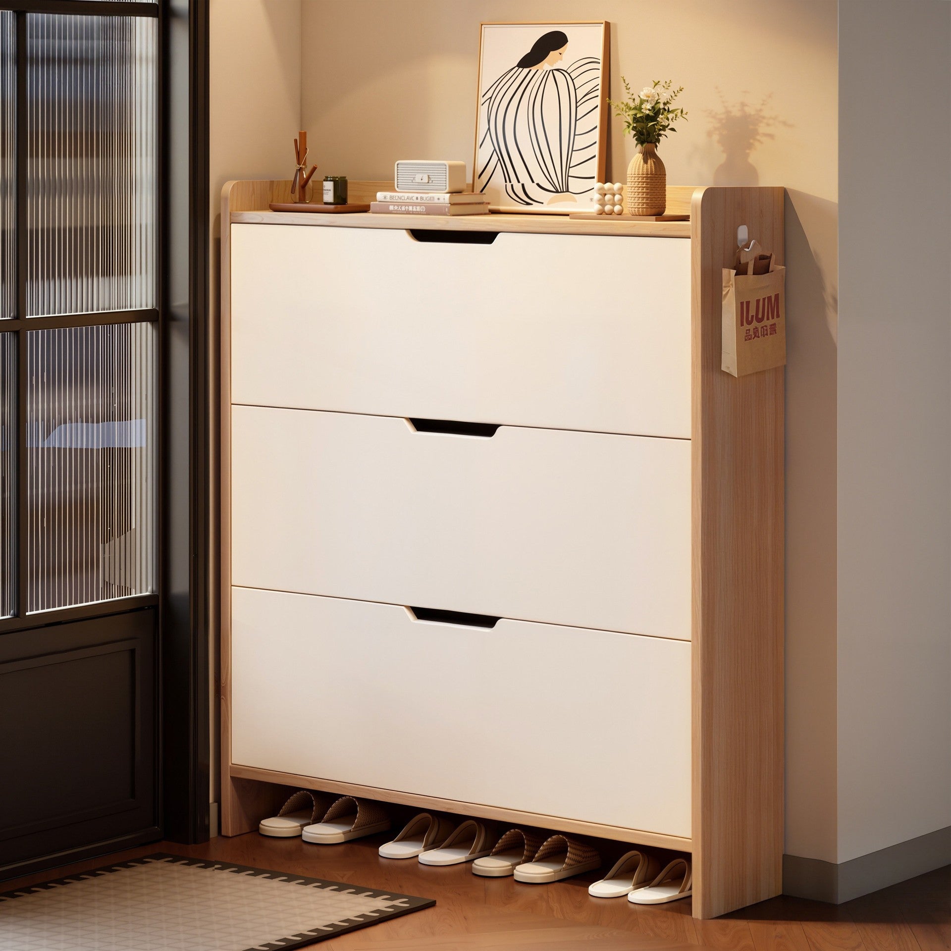 Ultra-Thin Solid Wood Flip Entryway Shoe Cabinet — single-tier oak