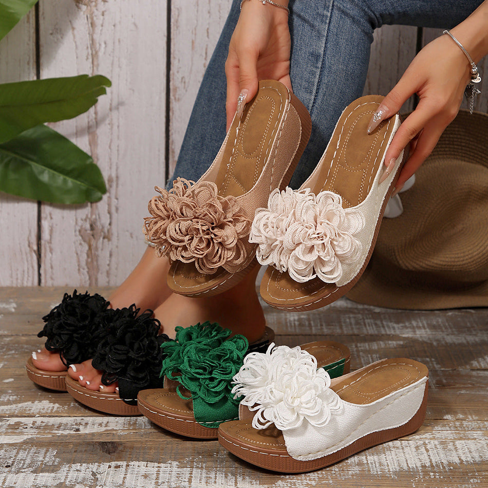 2026 Women’s Floral Wedge Slippers Thick Sole Fish Mouth Design
