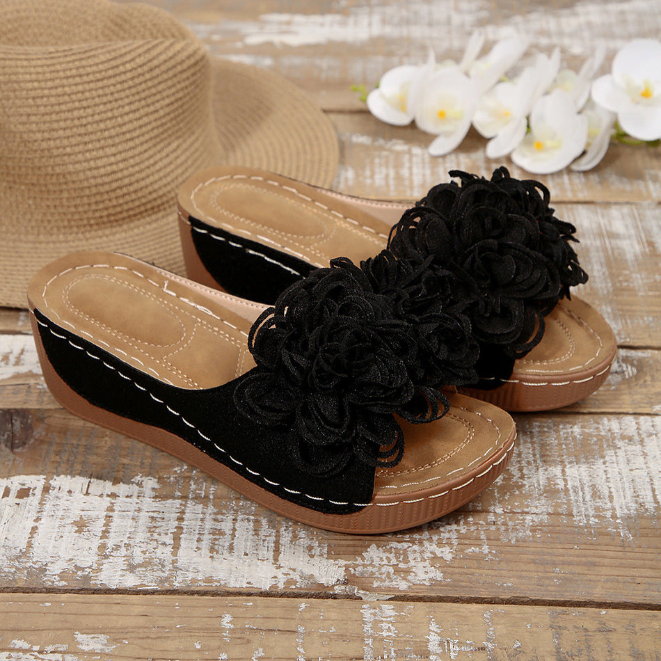 Black 2025 women’s floral wedge slippers thick sole fish mouth design
