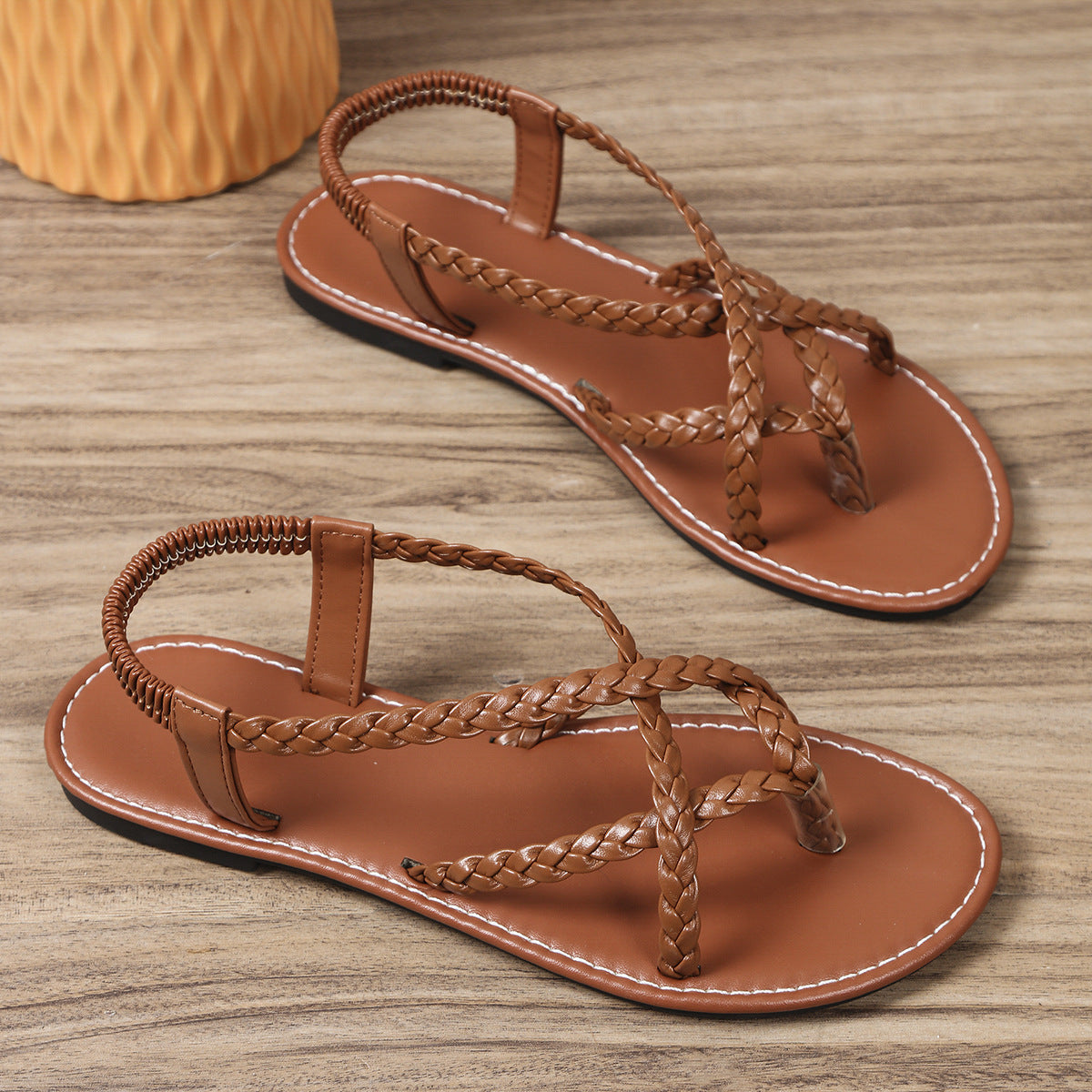 White 2025 women’s woven strap flip-toe flat sandals large size summer