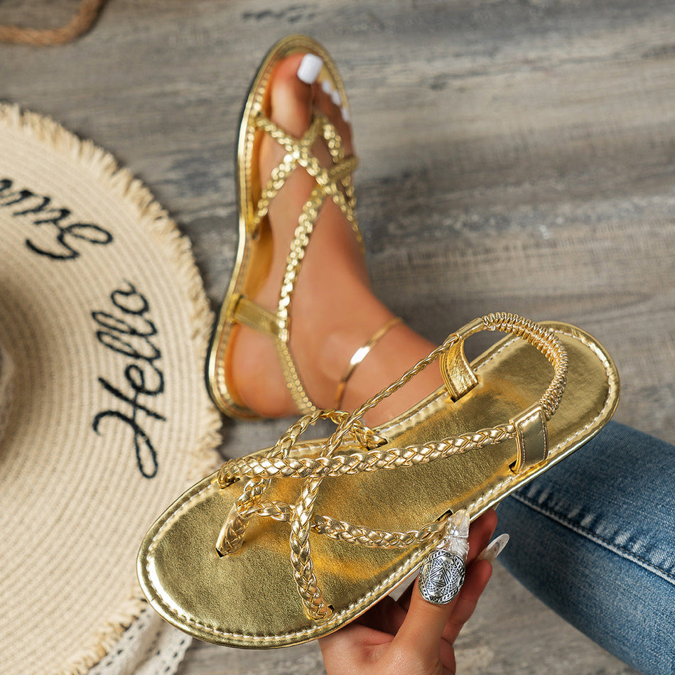 2026 Women’s Woven Strap Flip-Toe Flat Sandals Large Size Summer