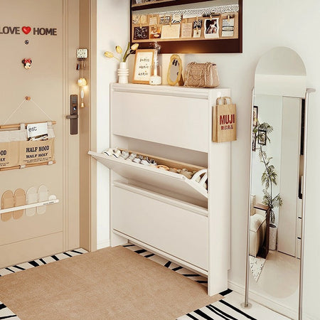Ultra-Thin Solid Wood Flip Entryway Shoe Cabinet — four-layer model-83 24 157.5cm-coco custard