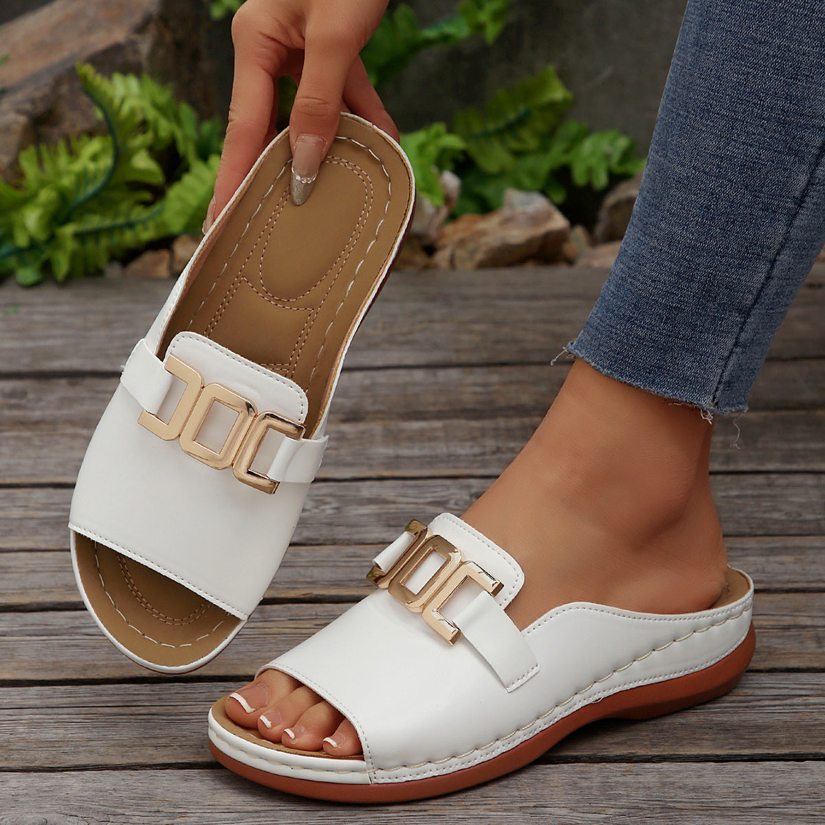White women’s fish mouth thick sole slippers wide strap large size summer
