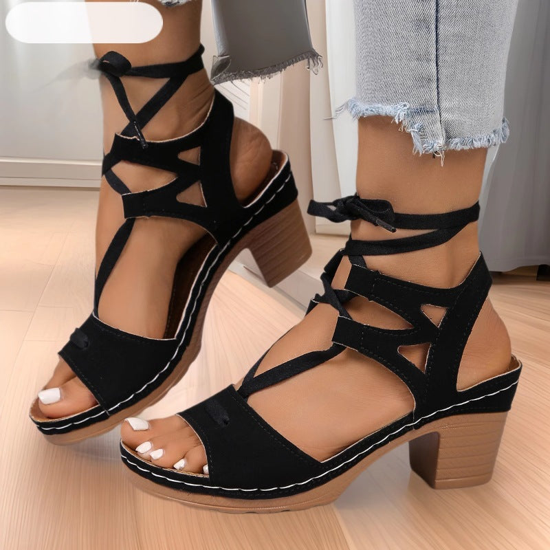 Women’s Strappy Wedge Sandals Fish Mouth Thick Heel Large Size