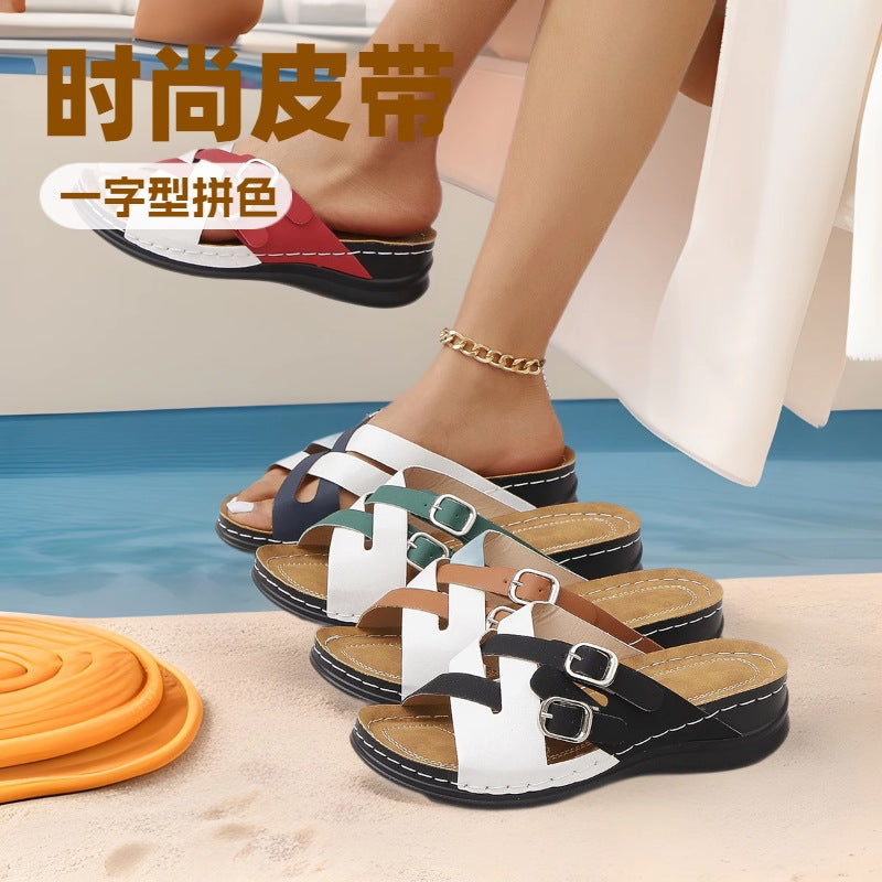 Women’s Fish Mouth Thick Sole Slippers Color Block Large Size