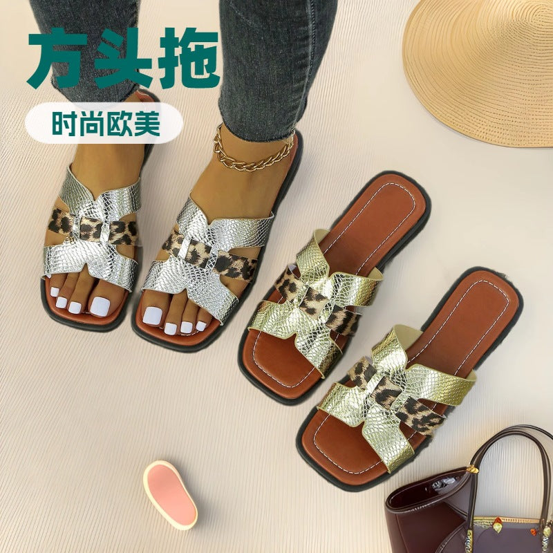 Women’s Square Toe Flat Slippers Color Block Large Size Summer