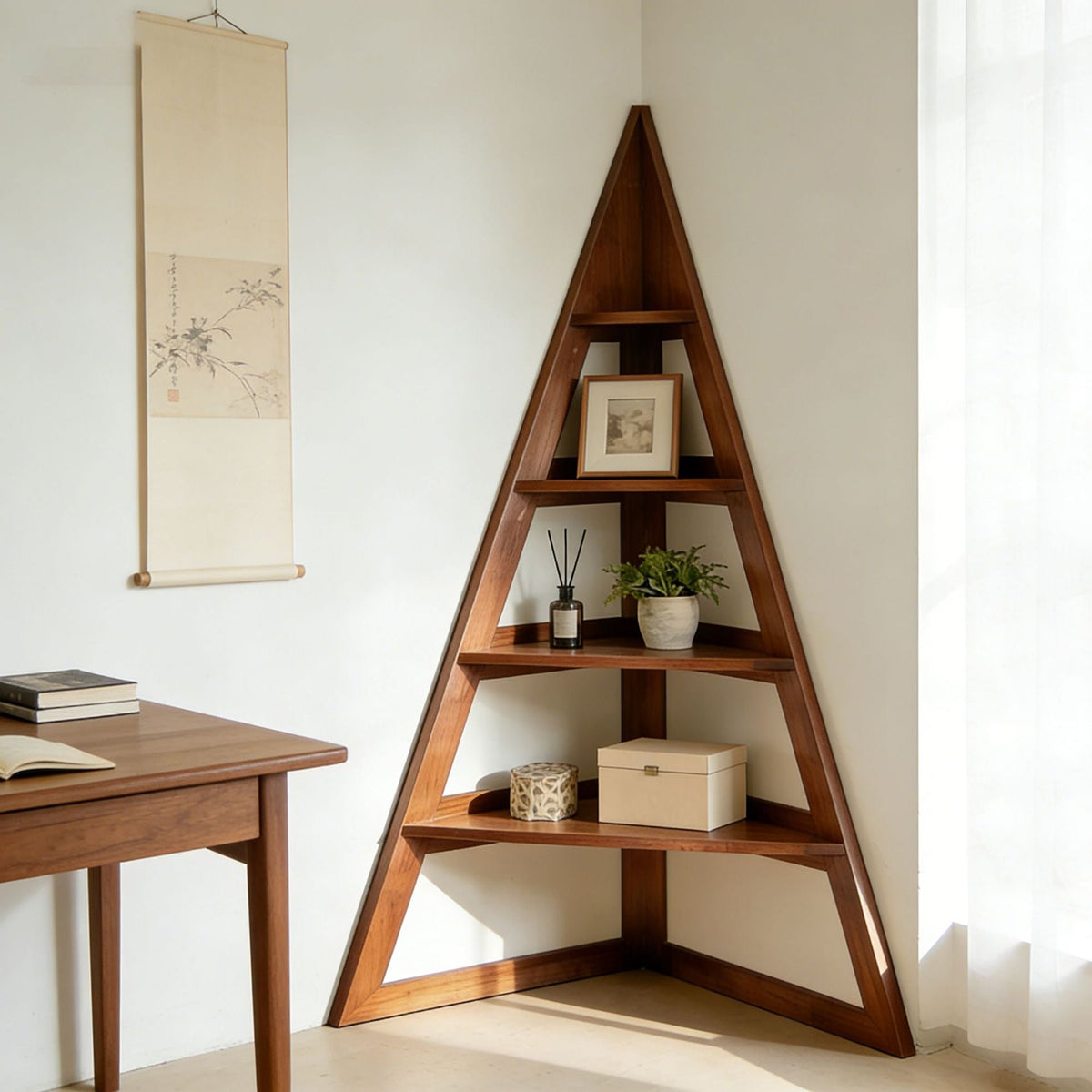 Chinese-Style Solid Wood Cherry Corner Bookshelf — Cherry wood color