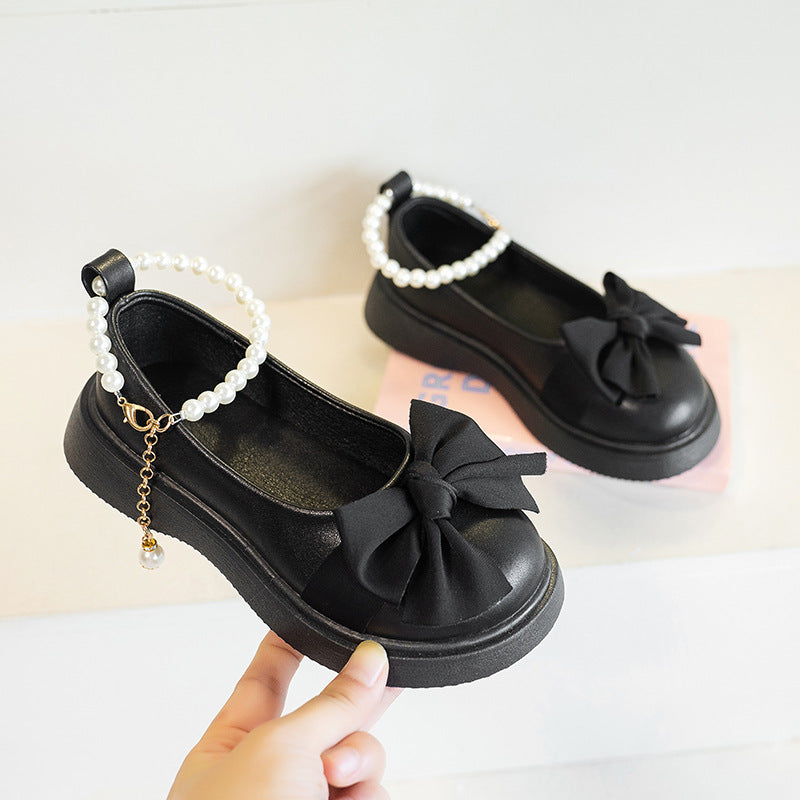 Girls’ Bow Pearl Leather Shoes – Spring Princess Flats