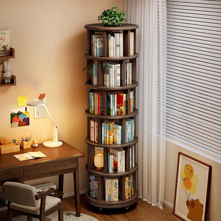 Solid Wood 360° Rotating Floor Bookshelf Storage — rotating oak