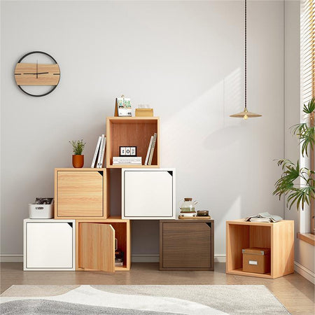 Modular Grid Glass Bookshelf Storage Cabinet — oak